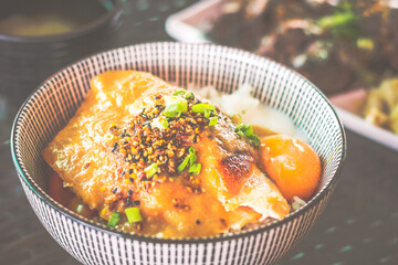 Aburi Grilled Salmon Rice  Bowl Spicy Miso Sauce with onsen half boiled egg