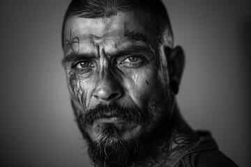 Close-up portrait of a black-and-white photograph of a prisoner man