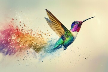 Obraz premium Dynamic Hummingbird in Flight with Water Droplets and Dark Background 