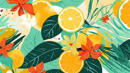 A colorful painting of a tropical scene with oranges and flowers - obrazy, fototapety, plakaty