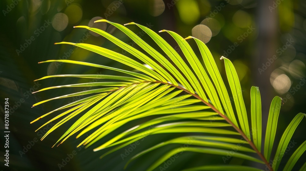 Poster detailed view of a palm leaf under the bright sun, showcasing its intricate textures and patterns