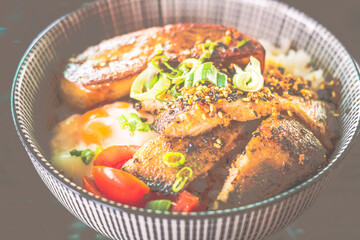 grilled Pork Cheek and Foie Gras rice Bowl with onsen soft boil egg