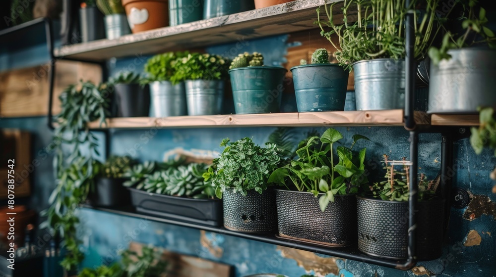 Poster numerous potted plants of various sizes and species neatly arranged on shelves in a store