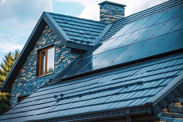 Obraz premium Solar panels installed on the roof of a residential house, converting sunlight into electricity