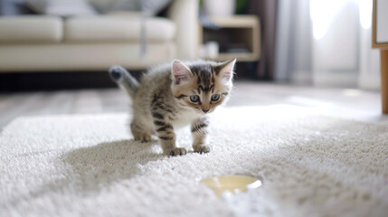 The kitten got the carpet wet. A stain on the floor.