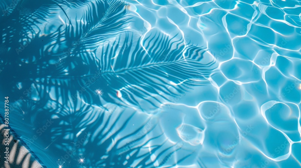 Poster a blue pool with a single palm leaf shadow on the waters surface