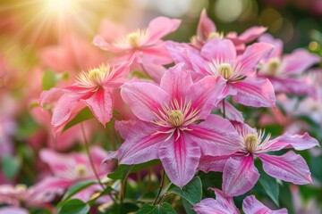 Pink clematis flowers shining brightly under the suns rays in a garden