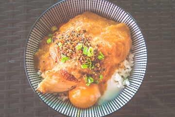 Aburi Grilled Salmon Rice  Bowl Spicy Miso Sauce with onsen half boiled egg