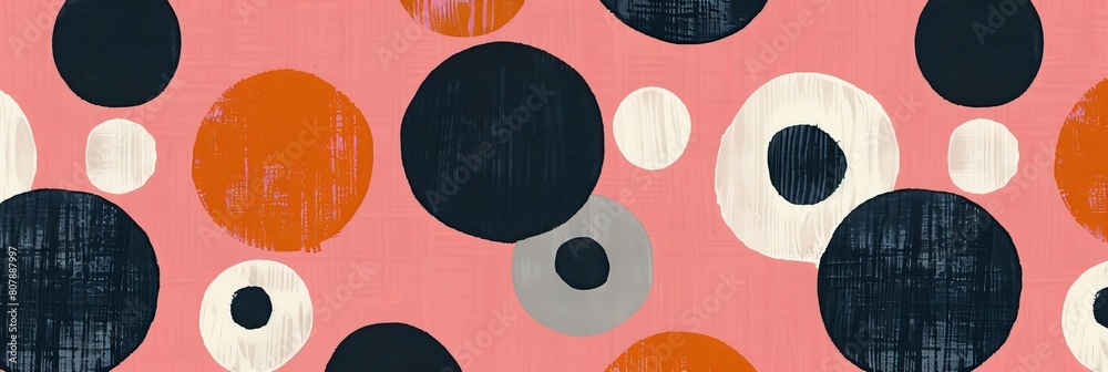 Aufkleber Pink background with various sized black and white circles spread across the image in a random pattern