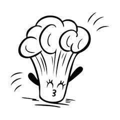Cheerful cabbage Brocolli doodle outline drawing, funny healthy eating illustration, isolated on white background.