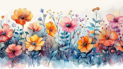 artistic watercolor painting of flowers in various shades of pink, orange, yellow, and blue, with a blue butterfly adding a touch of whimsy