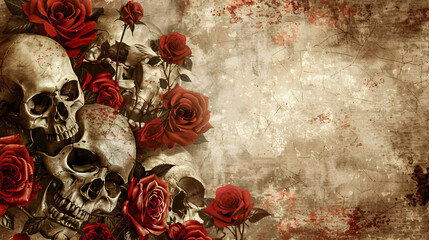 Vintage red roses and creepy skulls