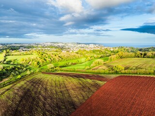 Fields and Farms over Torquay from a drone,, Devon, England, Europe