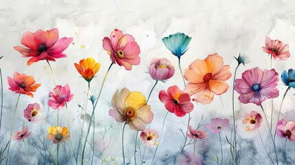 artistic watercolor painting of flowers in various shades of pink, blue, yellow, and orange, with a white wall in the background