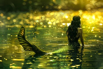 A female fantasy novel character named Mermaid is swimming in the sea with her beautiful and outstanding tails, and some sparkling effect is lighting around her.