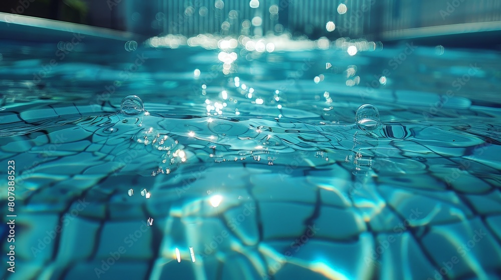 Poster detailed view of water droplets on the surface of a swimming pool, reflecting light and creating sma