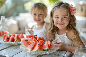 Two lovely siblings enjoy watermelon slices in the countryside, embodying sweet childhood moments.