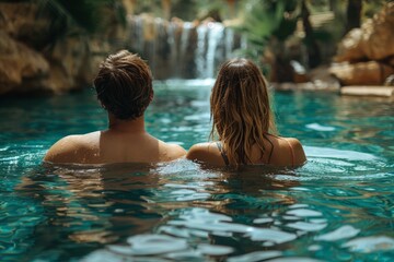 A man and woman are swimming in a pool with a cascading waterfall in the background
