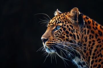 Obraz premium Detailed view of a leopard with striking blue eyes staring directly at the camera