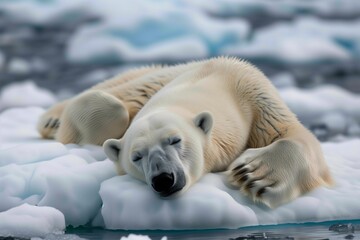 Obraz premium A polar bear rests on an ice floe floating in the sea