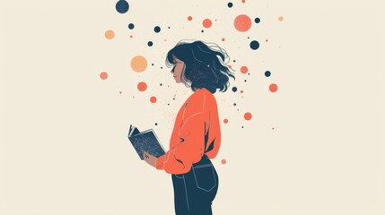 A woman with a book and bubbles around her, AI