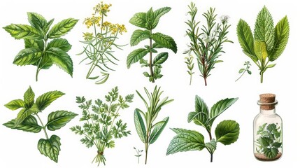 botanical drawing of herbs in a glass bottle, featuring yellow flowers and green leaves