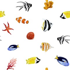 Seamless pattern of tropical fish on white background 