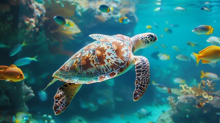 Fototapeta premium A turtle gracefully swims amidst a diverse array of fish in a bustling aquarium