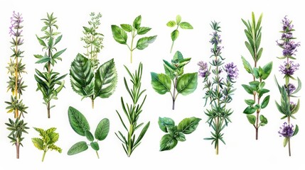 botanical drawing of herbs featuring purple flowers and green leaves on a isolated background