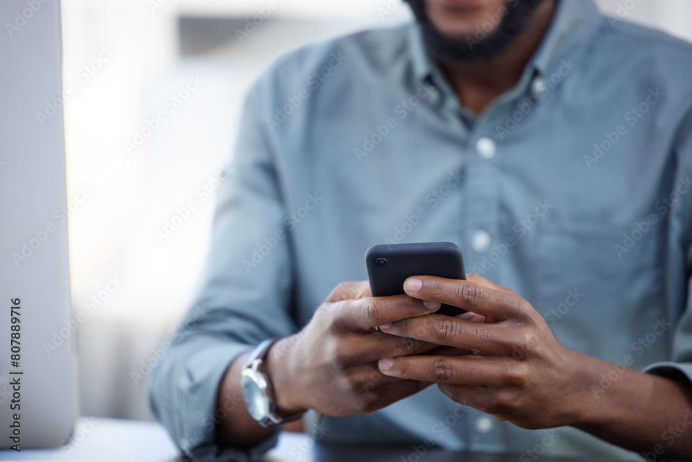 Poster businessman, phone and typing at desk in closeup for email, communication with technology for compan