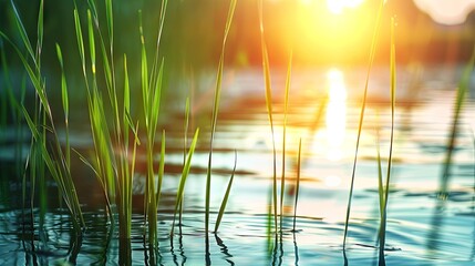 Serene lake at sunset with reeds and golden light reflections