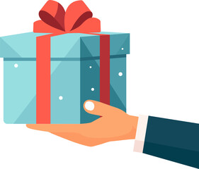 Illustration of a hand holding the gift or the certificate. Illustration is in vector, flat style