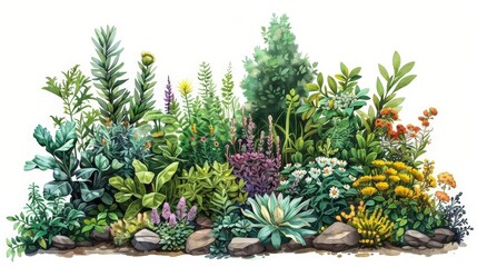 botanical illustration of botanical garden featuring a variety of colorful flowers and plants, including yellow, purple, green, and white blooms, as well as a large gray rock