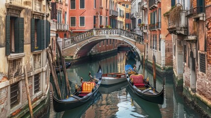Fototapeta na wymiar A fleet of traditional wooden gondolas gliding along the tranquil canals of Venice,Italy