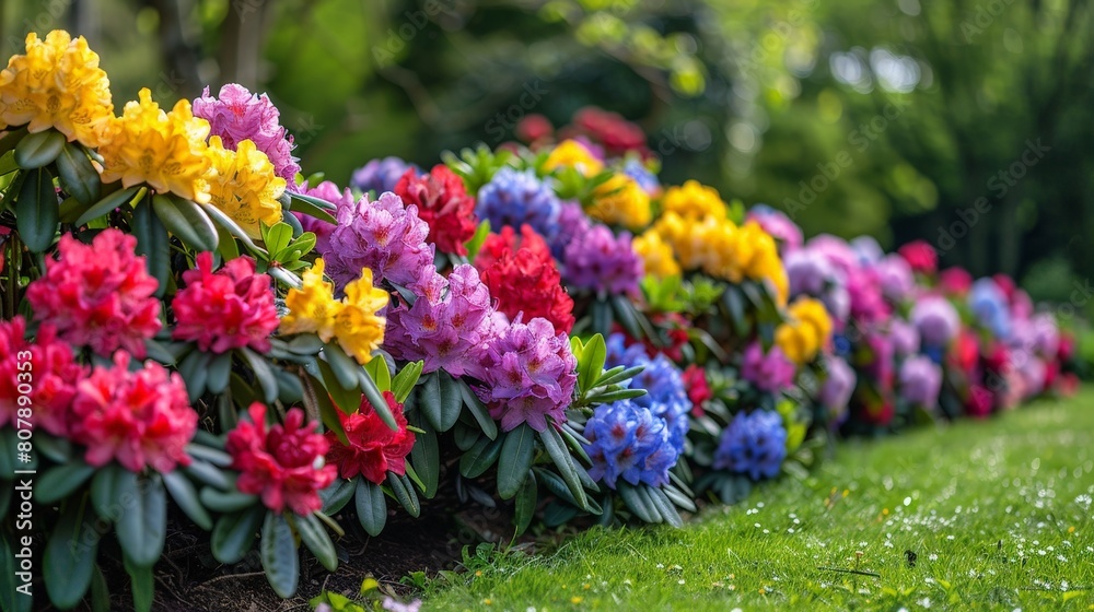 Poster colorful rhododendrons bloom vibrantly in a garden, adding a pop of color to the landscape
