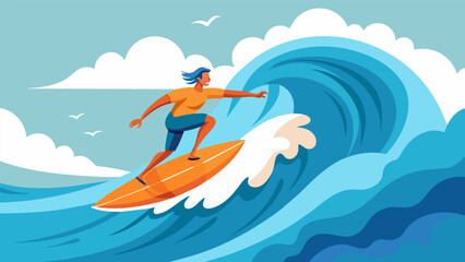 A surfer navigating through rough waves while finding moments of calmness and joy on the water.. Vector illustration