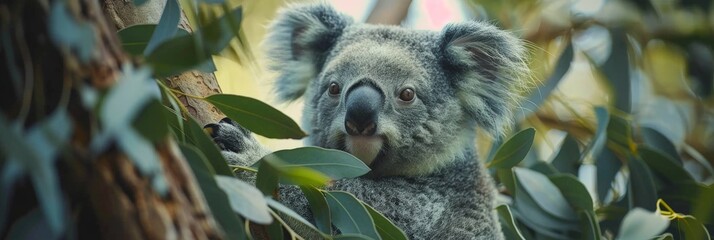 Fototapeta premium A koala bear calmly perched in a eucalyptus tree, showcasing its unique marsupial features