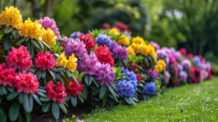 Obraz premium Colorful rhododendrons bloom vibrantly in a garden, adding a pop of color to the landscape