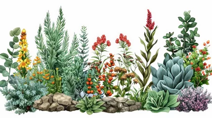 Fotobehang botanical illustration of botanical garden featuring red flowers and green plants © YOGI C