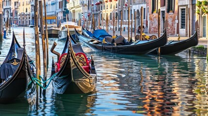 Fototapeta na wymiar A fleet of traditional wooden gondolas gliding gracefully along the historic canals of Venice,Italy