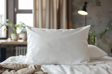 White pillow on a bed with a lamp. Mockup background 