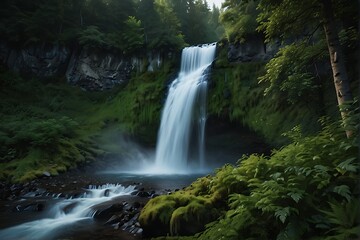 Naklejka premium Enchanted Cascades: Forest Waterfall Wonder