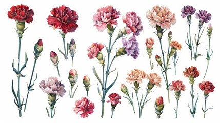 botanical illustration of carnation flowers in various shades of pink, purple, and red, with long green stems, on a isolated background