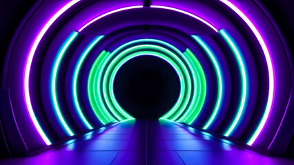 Abstract futuristic background tunnel illuminated by vibrant purple and green glowing neon lights. Futuristic motion graphics concept.
