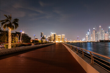 Palm Jumeirah Boardwalk and Marina at Night