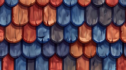 House roof materials, overlapped textured pattern of blue, red and brown colors. House exterior design elements modern illustration.