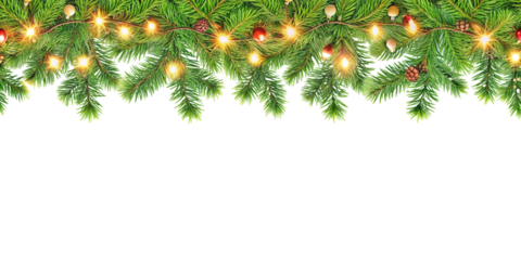Christmas Border With Coniferous Branches, Lights on Transparent Background