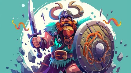 The Viking character is an ancient Scandinavian warrior with a sword and horned helmet, wearing a shield with a snake emblem. A modern cartoon illustration of the Viking character is shown isolated - obrazy, fototapety, plakaty