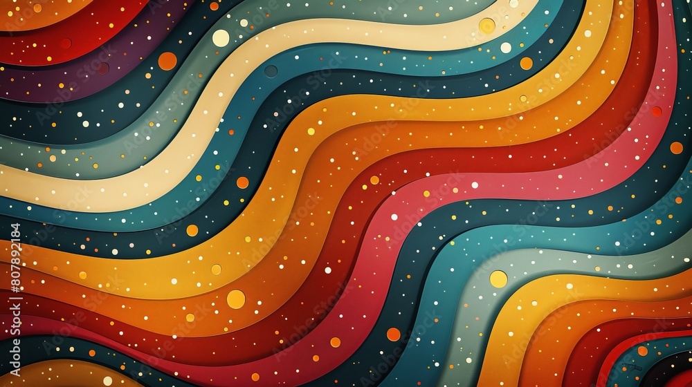 Aufkleber Multicolored waves create a dynamic backdrop adorned with shimmering stars and dots in a vibrant display of contrasting hues