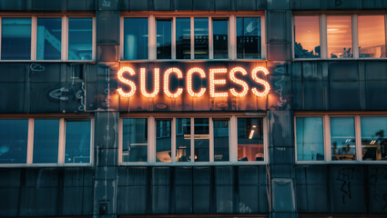 Obraz premium House facade in a city with the illuminated sign 